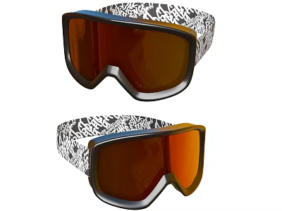Stylish Ski Goggles With Patterned Straps Brown Orange Lenses And Black White Frames 3d model