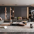 Modern Living Room Interior With Grey Sofas Area Rug Coffee Tables And Stone Wall
