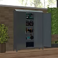 Outdoor Storage Cabinet With Shelves For Tools And Equipment Near Brick Wall And Green Plants