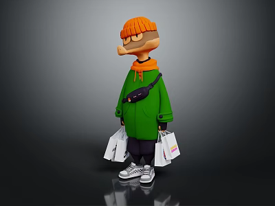 Game And Movie Character In Orange Beanie Green Coat Holding Shopping Bags With White Sneakers 3d model