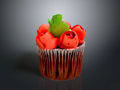Colorful Cupcake With Red Rose Decorations And Green Leaf On Top 3d model