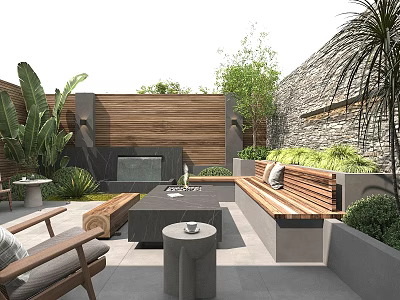 Tranquil Roof Garden Outdoor Space With Wooden Walls Green Plants And Stone Accents 3d model