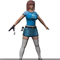 Game Movie Character With Red Hair Blue T Shirt Design Denim Skirt Knee High Socks