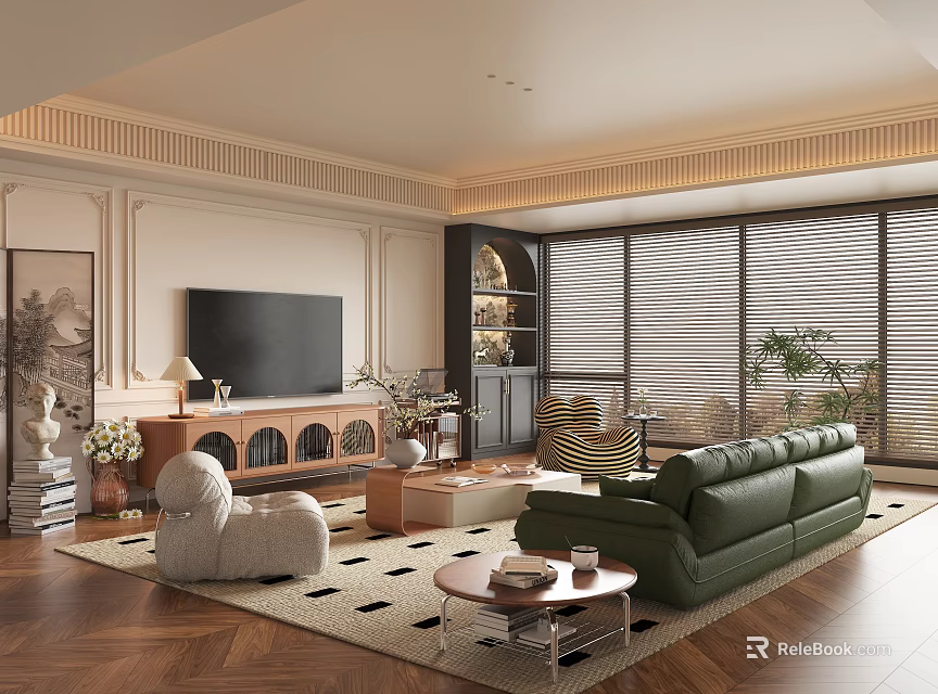 Elegant Modern Living Room Interior With Green Sofa Beige Armchair TV Rug And Blinds 3d model 