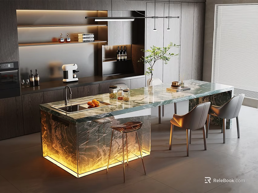 Modern Kitchen Interior With Marble Island Countertop LED Lighting Chairs And Appliances 3d model 