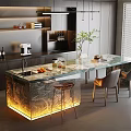 Modern Kitchen Interior With Marble Island Countertop LED Lighting Chairs And Appliances