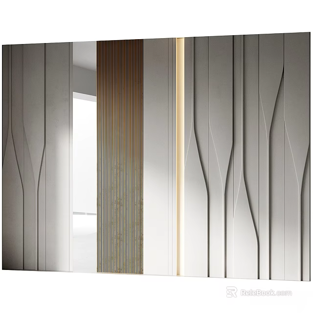 Modern Geometric Wall Decor with Vertical Wooden Stripes and LED Lighting Accents 3d model 