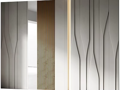 Modern Geometric Wall Decor with Vertical Wooden Stripes and LED Lighting Accents 3d model