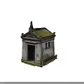 Ancient Mausoleum Structure With Moss Covered Roof Weathered Walls Cross At Entrance And Fallen Leaves