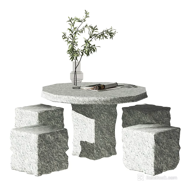 Round Stone Outdoor Table with Stools Vase Green Plants and Open Book 3d model 