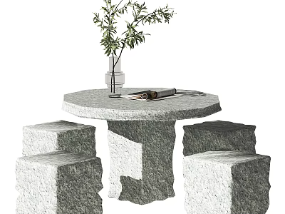 Round Stone Outdoor Table with Stools Vase Green Plants and Open Book 3d model