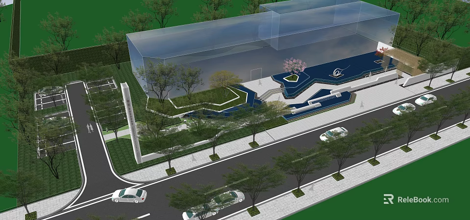 Modern Garden Landscape Design With Green Trees Water Features And Pathways 3d model 