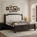 Elegant Double Bed with White Upholstered Headboard Dark Frame Nightstands Table Lamps and Decorative Paintings