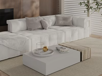 Modern White Coffee Table With Sofa Gray Cushions Glass Cup Wooden Bench On Light Rug 3d model