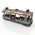 Vintage Tram With Retro Design Blue And Brown Carriage Windows Seats And Roof Equipment