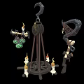 Vintage Rustic Metal Chandelier With Candle Shaped Lights And Green Glass Decor For Indoor Lighting