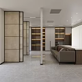 Modern Office Interior With Chinese Calligraphy Sofa Desk Bookshelf Windows Green Plants And Marble Floor