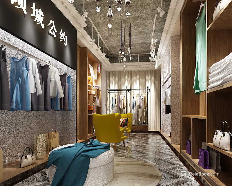 Modern Clothing Store Interior With Clothes On Racks Displayed Bags And Wooden Shelves 3d model 
