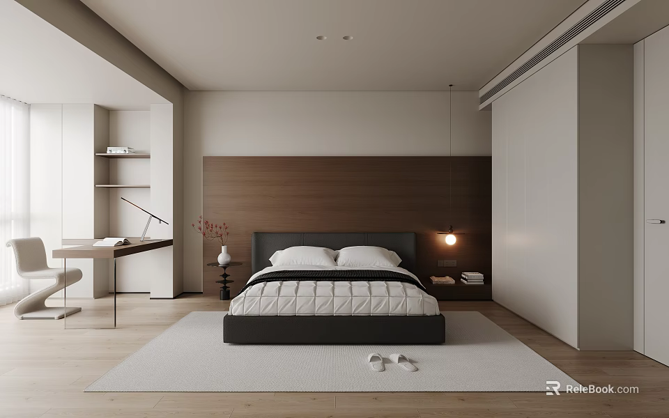 Modern Bedroom Interior Design With Wooden Headboard Wall Desk Wardrobe And Rug 3d model 
