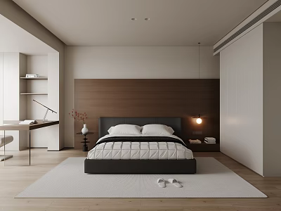 Modern Bedroom Interior Design With Wooden Headboard Wall Desk Wardrobe And Rug 3d model