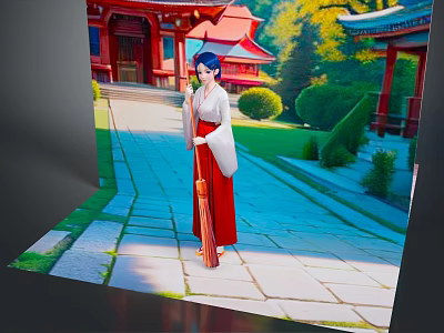 Blue Haired Female In Traditional Kimono With Red Shrine And Garden Plants 3d model