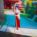 Blue Haired Female In Traditional Kimono With Red Shrine And Garden Plants