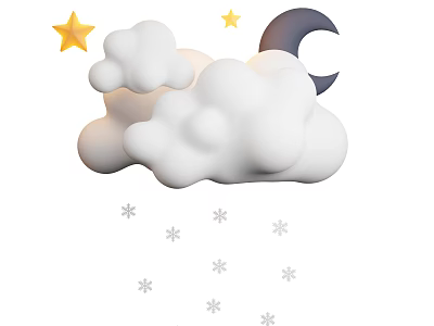 Night Sky Landscape With Fluffy Clouds Crescent Moon Shining Stars And Falling Snowflakes 3d model