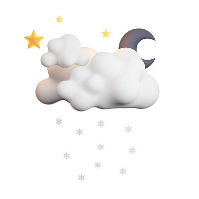 Night Sky Landscape With Fluffy Clouds Crescent Moon Shining Stars And Falling Snowflakes 3d model