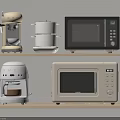 Different Kitchen Appliances With Coffee Makers And Microwaves On Wooden Shelves