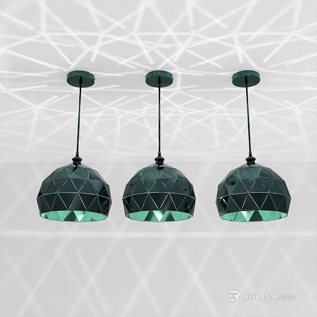 Three Modern Geometric Pendant Lights With Dark Green Polyhedral Shades 3d model