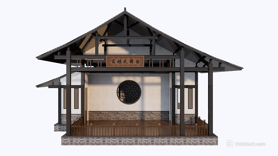 Ancient Chinese Architecture with Overhanging Eaves Wooden Structure Circular Window and Plaque 3d model 