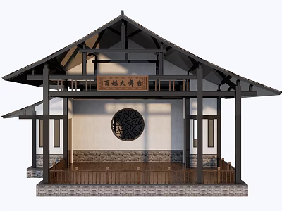 Ancient Chinese Architecture with Overhanging Eaves Wooden Structure Circular Window and Plaque 3d model