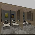 SPA Sauna Interior Design With Wooden Partitions Cozy Loungers And Decorative Paintings