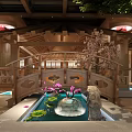 Cozy Wooden Dining Tables With Rattan Chairs In Spacious Themed Restaurant With Large Indoor Trees