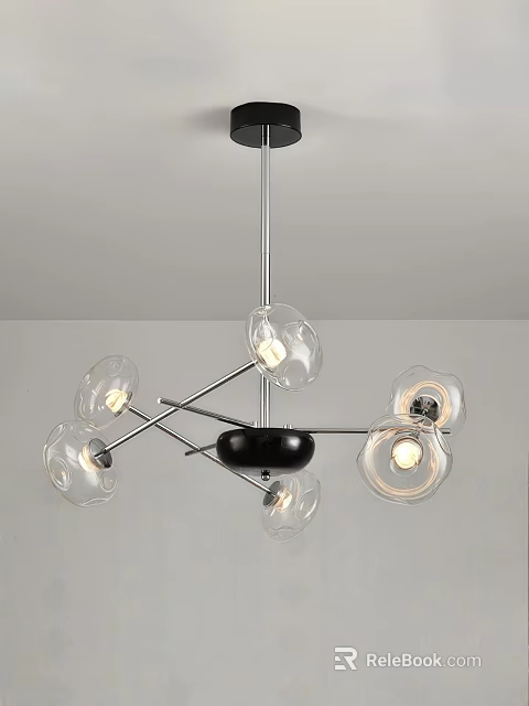 Modern Chandelier With Transparent Glass Shades And Metal Frame Black Center Lit Bulbs 3d model 