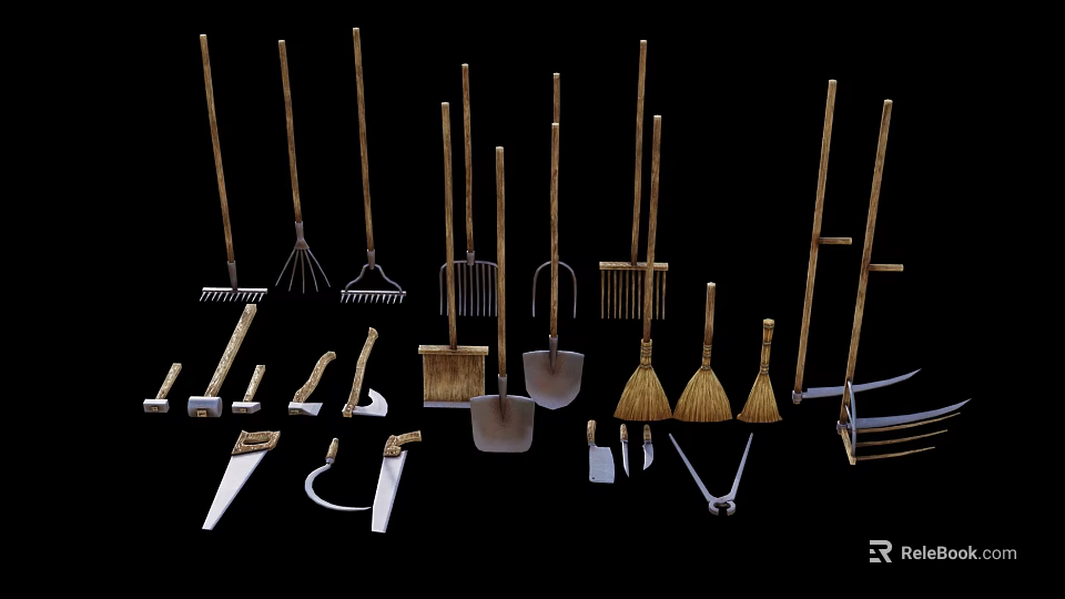 Essential Garden Tools Collection with Rakes Shovels Hoes Brooms and Shears 3d model 