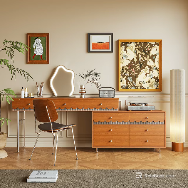 Stylish Wooden Dressing Table With Mirror Drawers Decorative Paintings Potted Plants And Floor Lamp 3d model 