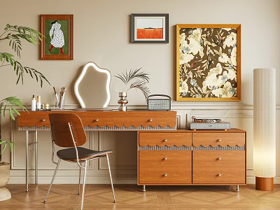 Stylish Wooden Dressing Table With Mirror Drawers Decorative Paintings Potted Plants And Floor Lamp 3d model