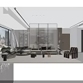 Modern Soft Minimalist Open Living And Dining Room With Stylish Furniture And Elegant Glass Partition