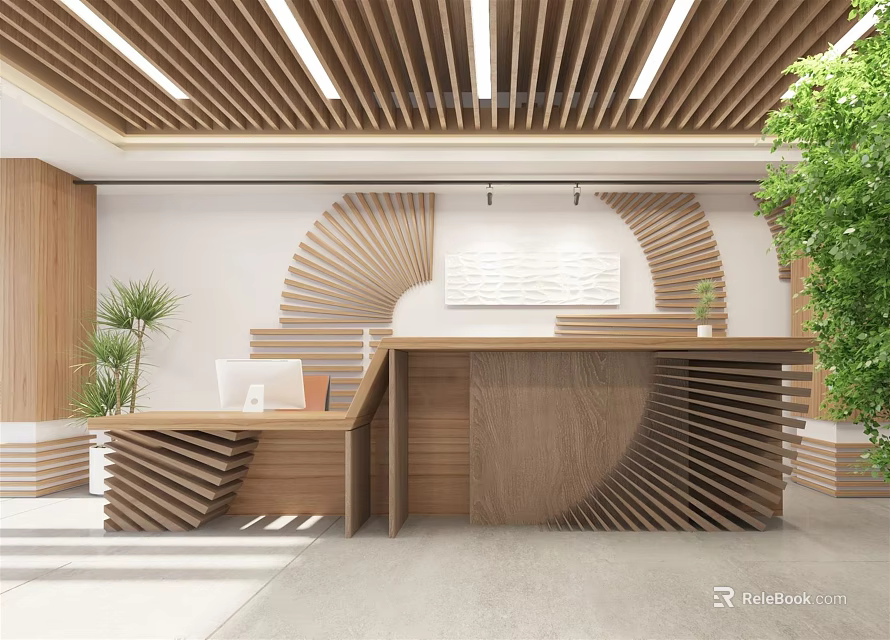Modern Reception Desk Interior Design With Curved Wooden Slats And Green Plants 3d model 