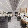 Elegant Restaurant Interior With Tableware Display Shelves Fresh Fruits Warm Lighting And Polished Countertops