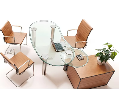 Glass Top Coffee Table with Wooden Chairs Laptop Cup Near Wooden Cabinet and Potted Plant 3d model