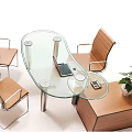 Glass Top Coffee Table with Wooden Chairs Laptop Cup Near Wooden Cabinet and Potted Plant