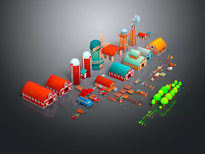 Farm Buildings Red Roofed Barns And Blue Silos With Windmill Trees And Farm Vehicles 3d model