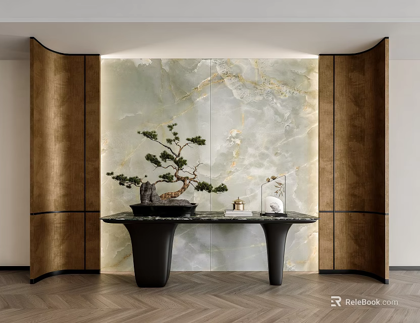 Modern Luxury Entryway Console Table With Bonsai Plant Gold Accents And Marble Backdrop 3d model 