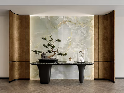 Modern Luxury Entryway Console Table With Bonsai Plant Gold Accents And Marble Backdrop 3d model