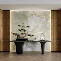 Modern Luxury Entryway Console Table With Bonsai Plant Gold Accents And Marble Backdrop