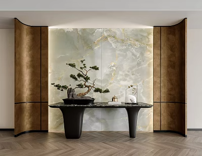 Modern Luxury Entryway Console Table With Bonsai Plant Gold Accents And Marble Backdrop 3d model