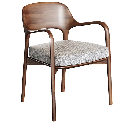 Modern Wooden Dining Chair With Curved Backrest Armrests And Fabric Cushion 3d model