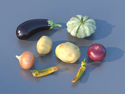 Fresh Assorted Vegetables Including Eggplant Potatoes Onions Chilies And Squash On Dark Surface 3d model